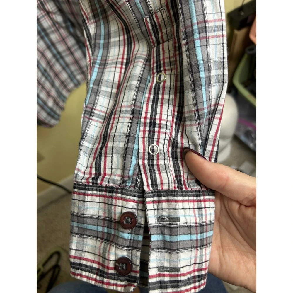 Fyasko Mens XL Plaid Button Down Shirt‎ Long Sleeve Cotton Blue Red Grey